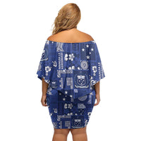 Blue Samoa Manuia Le Kerisimasi Off Shoulder Short Dress Pacific Patchwork Xmas Vibes - Polynesian Pride