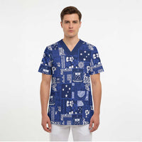 Blue Samoa Manuia Le Kerisimasi Scrub Top Pacific Patchwork Xmas Vibes - Polynesian Pride