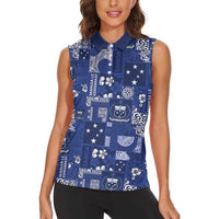 Blue Samoa Manuia Le Kerisimasi Women Sleeveless Polo Shirt Pacific Patchwork Xmas Vibes - Polynesian Pride