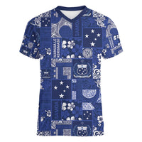 Blue Samoa Manuia Le Kerisimasi Women V-Neck T-Shirt Pacific Patchwork Xmas Vibes LT9 Female Blue - Polynesian Pride