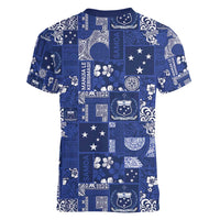 Blue Samoa Manuia Le Kerisimasi Women V-Neck T-Shirt Pacific Patchwork Xmas Vibes LT9 - Polynesian Pride