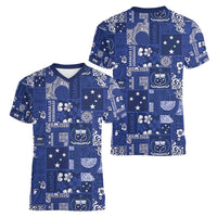 Blue Samoa Manuia Le Kerisimasi Women V-Neck T-Shirt Pacific Patchwork Xmas Vibes LT9 - Polynesian Pride