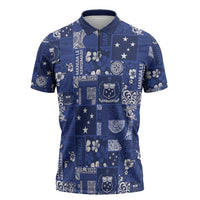 Blue Samoa Manuia Le Kerisimasi Zipper Polo Shirt Pacific Patchwork Xmas Vibes LT9 Blue - Polynesian Pride