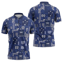 Blue Samoa Manuia Le Kerisimasi Zipper Polo Shirt Pacific Patchwork Xmas Vibes LT9 - Polynesian Pride