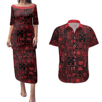 Dark Samoa Manuia Le Kerisimasi Couples Matching Puletasi and Hawaiian Shirt Pacific Patchwork Xmas Vibes LT9 Red - Polynesian Pride