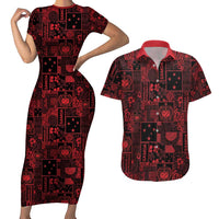 Dark Samoa Manuia Le Kerisimasi Couples Matching Short Sleeve Bodycon Dress and Hawaiian Shirt Pacific Patchwork Xmas Vibes LT9 Red - Polynesian Pride
