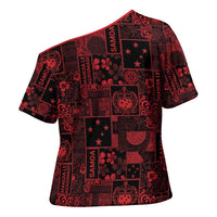 Dark Samoa Manuia Le Kerisimasi Cross Shoulder Shirt Pacific Patchwork Xmas Vibes LT9 - Polynesian Pride