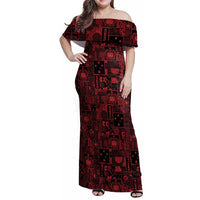 Dark Samoa Manuia Le Kerisimasi Family Matching Off Shoulder Maxi Dress and Hawaiian Shirt Pacific Patchwork Xmas Vibes LT9 Mom's Dress Red - Polynesian Pride