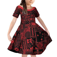 Dark Samoa Manuia Le Kerisimasi Family Matching Off Shoulder Short Dress and Hawaiian Shirt Pacific Patchwork Xmas Vibes LT9 Daughter's Dress Red - Polynesian Pride