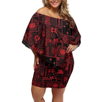 Dark Samoa Manuia Le Kerisimasi Family Matching Off Shoulder Short Dress and Hawaiian Shirt Pacific Patchwork Xmas Vibes LT9 Mom's Dress Red - Polynesian Pride