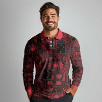 Dark Samoa Manuia Le Kerisimasi Long Sleeve Polo Shirt Pacific Patchwork Xmas Vibes - Polynesian Pride