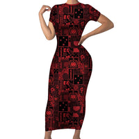 Dark Samoa Manuia Le Kerisimasi Short Sleeve Bodycon Dress Pacific Patchwork Xmas Vibes LT9 Long Dress Red - Polynesian Pride
