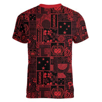 Dark Samoa Manuia Le Kerisimasi Women V-Neck T-Shirt Pacific Patchwork Xmas Vibes LT9 - Polynesian Pride