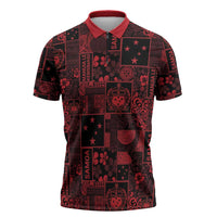 Dark Samoa Manuia Le Kerisimasi Zipper Polo Shirt Pacific Patchwork Xmas Vibes LT9 Red - Polynesian Pride