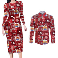 Tahiti Oaoa I Teie Noera Couples Matching Long Sleeve Bodycon Dress and Long Sleeve Button Shirt Pacific Patchwork Xmas Vibes - Polynesian Pride