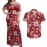 Tahiti Oaoa I Teie Noera Couples Matching Off Shoulder Maxi Dress and Hawaiian Shirt Pacific Patchwork Xmas Vibes LT9 Red - Polynesian Pride