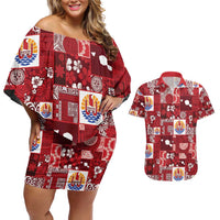 Tahiti Oaoa I Teie Noera Couples Matching Off Shoulder Short Dress and Hawaiian Shirt Pacific Patchwork Xmas Vibes LT9 Red - Polynesian Pride