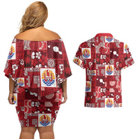 Tahiti Oaoa I Teie Noera Couples Matching Off Shoulder Short Dress and Hawaiian Shirt Pacific Patchwork Xmas Vibes LT9 - Polynesian Pride