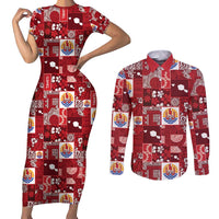 Tahiti Oaoa I Teie Noera Couples Matching Short Sleeve Bodycon Dress and Long Sleeve Button Shirt Pacific Patchwork Xmas Vibes - Polynesian Pride