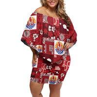 Tahiti Oaoa I Teie Noera Off Shoulder Short Dress Pacific Patchwork Xmas Vibes - Polynesian Pride