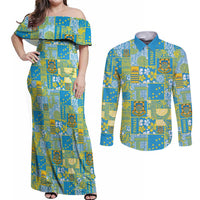 Tuvalu Manuia te Kilisimasi Couples Matching Off Shoulder Maxi Dress and Long Sleeve Button Shirt Pacific Patchwork Xmas Vibes - Polynesian Pride