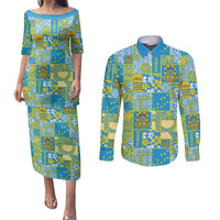 Tuvalu Manuia te Kilisimasi Couples Matching Puletasi and Long Sleeve Button Shirt Pacific Patchwork Xmas Vibes LT9 Green - Polynesian Pride
