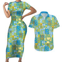 Tuvalu Manuia te Kilisimasi Couples Matching Short Sleeve Bodycon Dress and Hawaiian Shirt Pacific Patchwork Xmas Vibes LT9 Green - Polynesian Pride