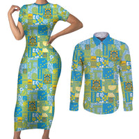 Tuvalu Manuia te Kilisimasi Couples Matching Short Sleeve Bodycon Dress and Long Sleeve Button Shirt Pacific Patchwork Xmas Vibes - Polynesian Pride