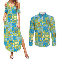 Tuvalu Manuia te Kilisimasi Couples Matching Summer Maxi Dress and Long Sleeve Button Shirt Pacific Patchwork Xmas Vibes LT9 Green - Polynesian Pride