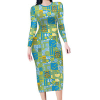 Tuvalu Manuia te Kilisimasi Long Sleeve Bodycon Dress Pacific Patchwork Xmas Vibes LT9 Long Dress Green - Polynesian Pride