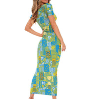 Tuvalu Manuia te Kilisimasi Short Sleeve Bodycon Dress Pacific Patchwork Xmas Vibes LT9 - Polynesian Pride