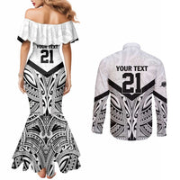 New Zealand Football Custom Couples Matching Mermaid Dress and Long Sleeve Button Shirt All White Fern Go Champions LT9 - Polynesian Pride