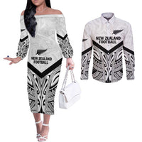 New Zealand Football Custom Couples Matching Off The Shoulder Long Sleeve Dress and Long Sleeve Button Shirt All White Fern Go Champions LT9 White - Polynesian Pride