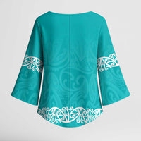 New Zealand Nurses Week Kimono Sleeve Blouse Maori Kowhaiwhai Cyan Tribal