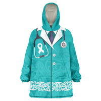 New Zealand Nurses Week Wearable Blanket Hoodie Maori Kowhaiwhai Cyan Tribal