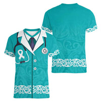 New Zealand Nurses Week Women V-Neck T-Shirt Maori Kowhaiwhai Cyan Tribal