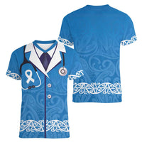 New Zealand Nurses Week Women V-Neck T-Shirt Maori Kowhaiwhai Blue Tribal