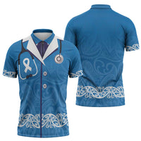 New Zealand Nurses Week Zipper Polo Shirt Maori Kowhaiwhai Blue Tribal