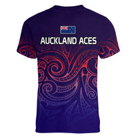 New Zealand Auckland Cricket Women V Neck T Shirt Maori Traditional Ethnic Style LT9 - Polynesian Pride