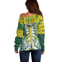 Cook Islands 1965 National Pride Off Shoulder Sweater Green Yellow Tribal Pattern LT9 - Polynesian Pride