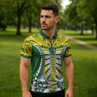 Cook Islands 1965 National Pride Zipper Polo Shirt Green Yellow Tribal Pattern LT9 - Polynesian Pride