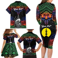 Personalised New Caledonia All Saints Day Family Matching Long Sleeve Bodycon Dress and Hawaiian Shirt Candle Light with Polynesian Style