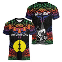 Personalised New Caledonia All Saints Day Women V-Neck T-Shirt Candle Light with Polynesian Style LT9 - Polynesian Pride