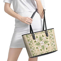 Squares Maile Leaf Leather Tote Bag Beige Palaka Hawaiian Quilt Pattern - Polynesian Pride