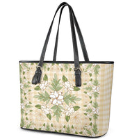 Squares Maile Leaf Leather Tote Bag Beige Palaka Hawaiian Quilt Pattern - Polynesian Pride