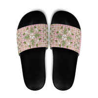 Squares Maile Leaf Slide Sandals Pink Palaka Hawaiian Quilt Pattern - Polynesian Pride