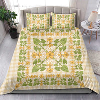 Squares Puakenikeni and Kalo Bedding Set Beige Palaka Hawaiian Quilt Pattern - Polynesian Pride