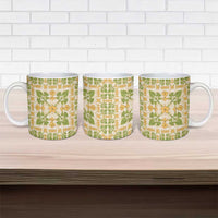 Squares Puakenikeni and Kalo Ceramic Mug Beige Palaka Hawaiian Quilt Pattern - Polynesian Pride
