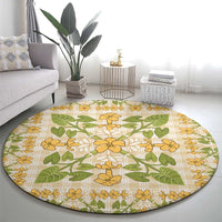 Squares Puakenikeni and Kalo Round Carpet Beige Palaka Hawaiian Quilt Pattern - Polynesian Pride