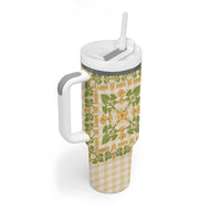 Squares Puakenikeni and Kalo Tumbler With Handle Beige Palaka Hawaiian Quilt Pattern - Polynesian Pride